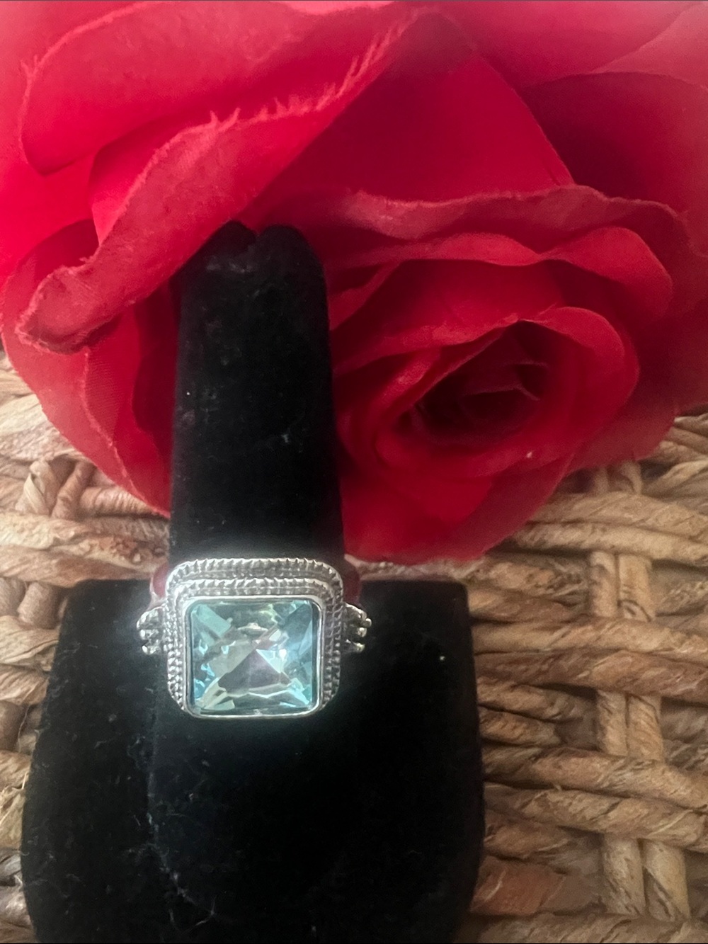 Silver Blue Square Halo Ring - Women Jewelry